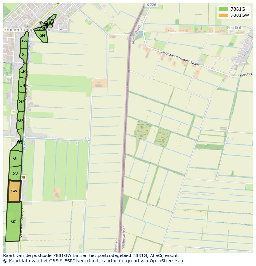 Afbeelding van het postcodegebied 7881 GW op de kaart.