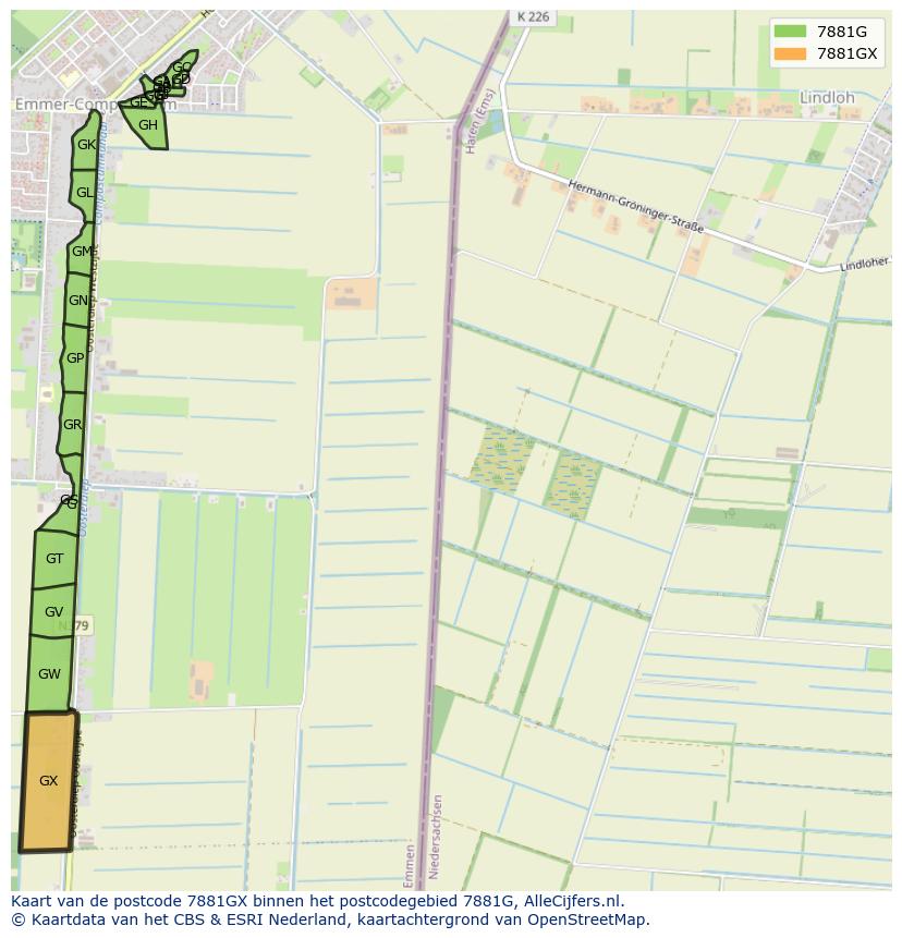 Afbeelding van het postcodegebied 7881 GX op de kaart.