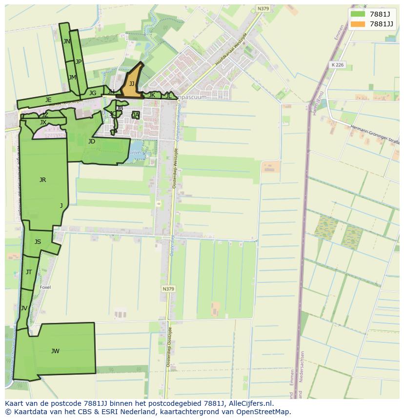 Afbeelding van het postcodegebied 7881 JJ op de kaart.