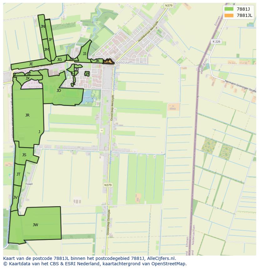 Afbeelding van het postcodegebied 7881 JL op de kaart.