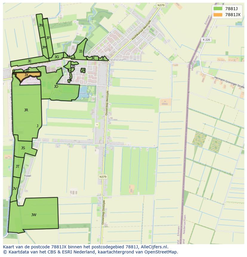 Afbeelding van het postcodegebied 7881 JX op de kaart.