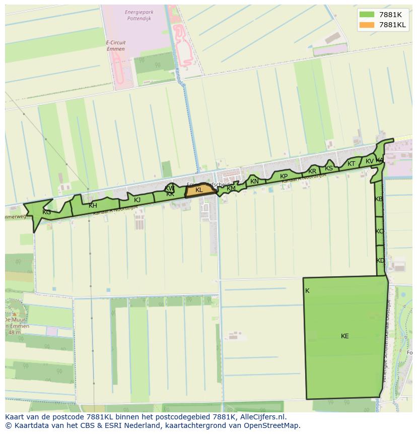 Afbeelding van het postcodegebied 7881 KL op de kaart.
