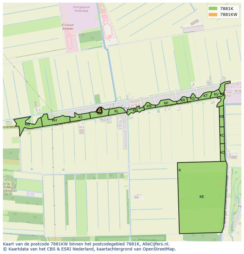 Afbeelding van het postcodegebied 7881 KW op de kaart.