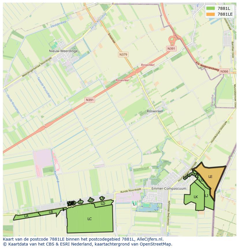 Afbeelding van het postcodegebied 7881 LE op de kaart.