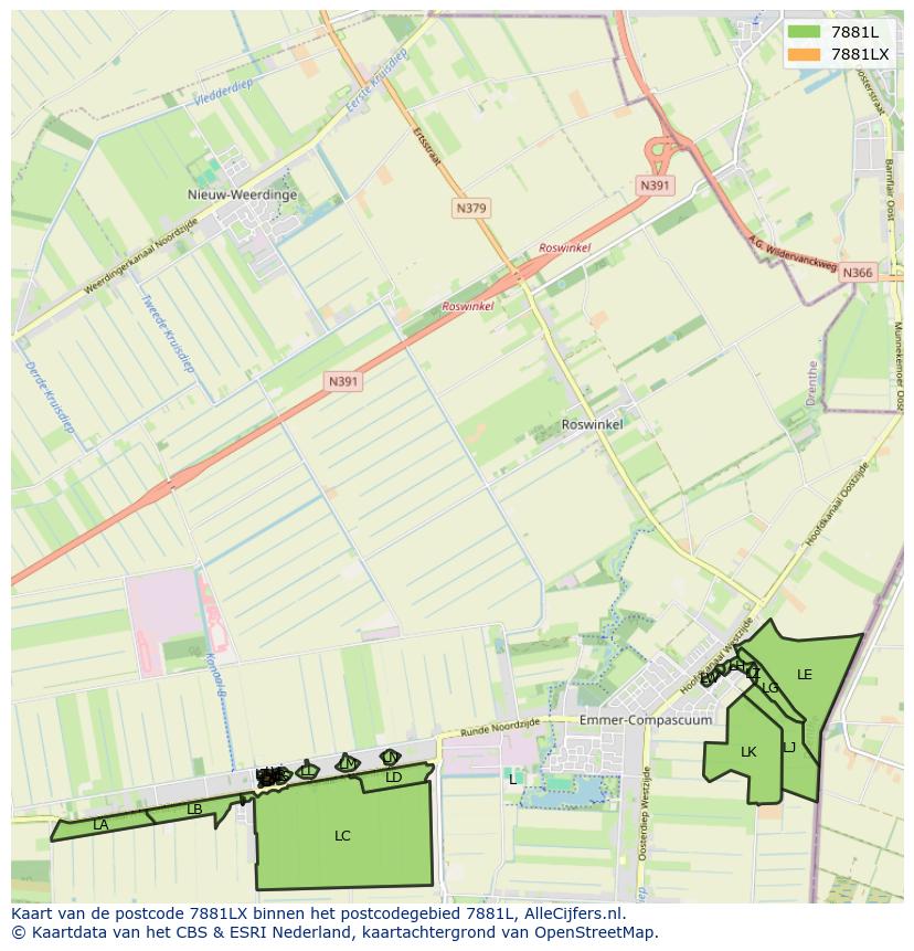 Afbeelding van het postcodegebied 7881 LX op de kaart.