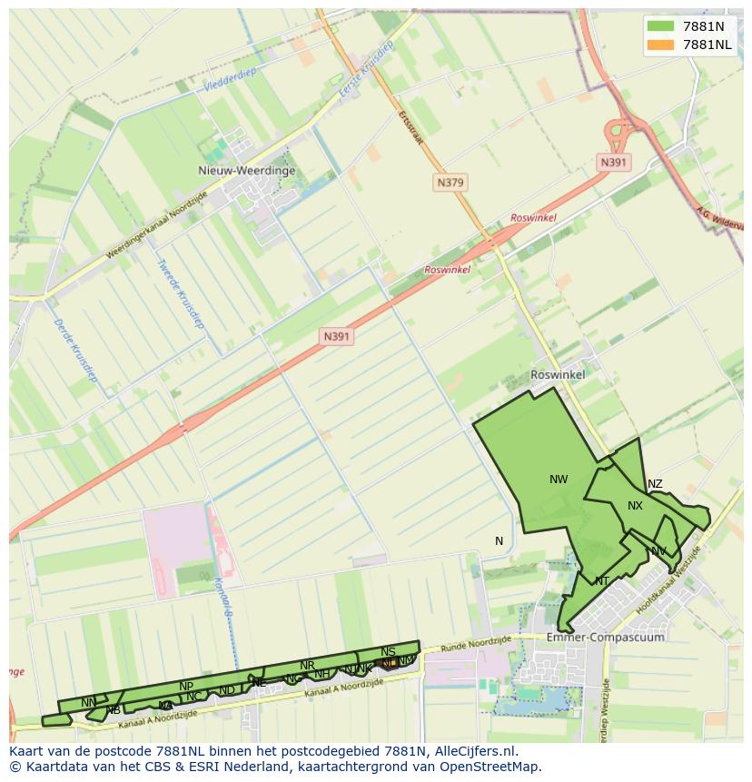 Afbeelding van het postcodegebied 7881 NL op de kaart.