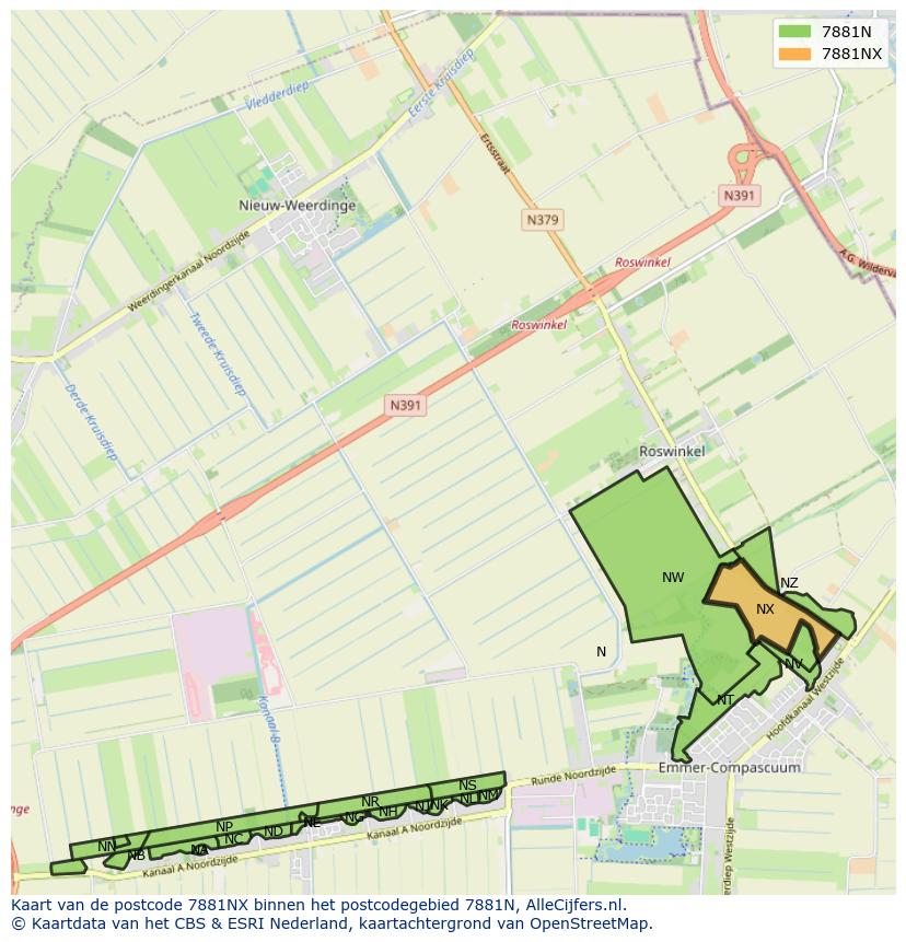 Afbeelding van het postcodegebied 7881 NX op de kaart.