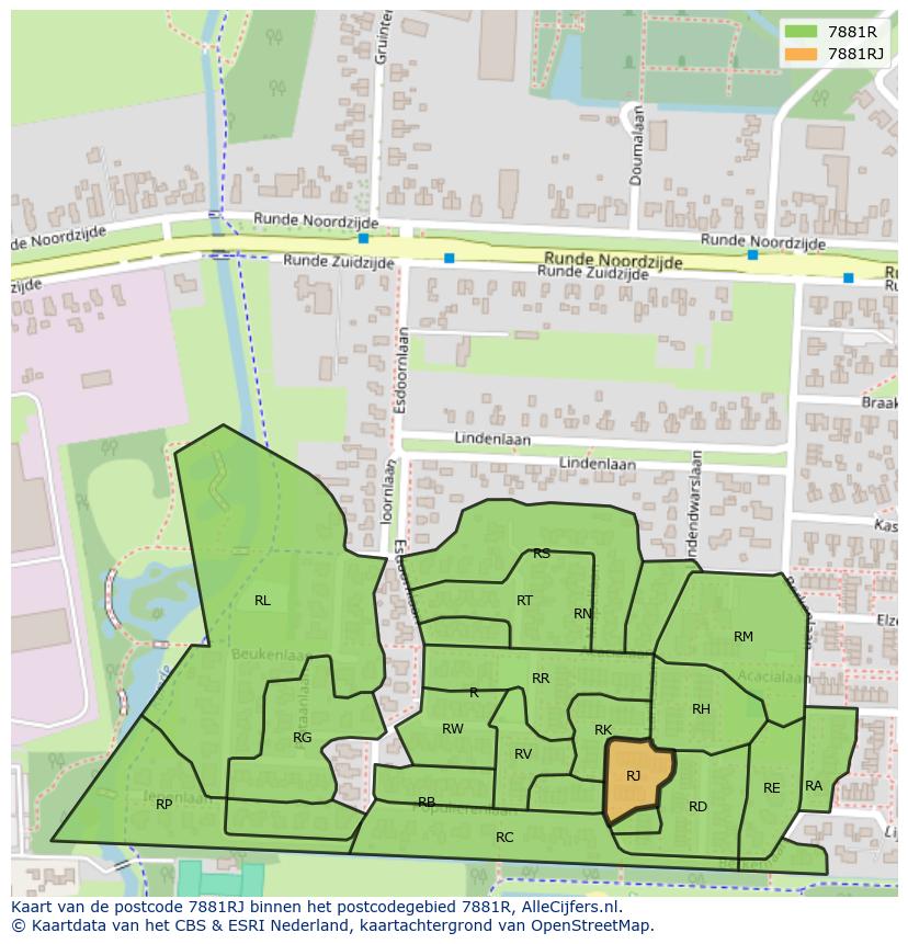 Afbeelding van het postcodegebied 7881 RJ op de kaart.