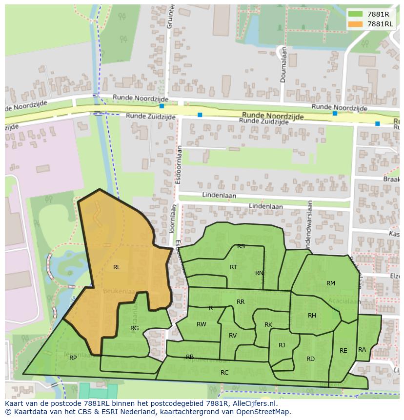 Afbeelding van het postcodegebied 7881 RL op de kaart.