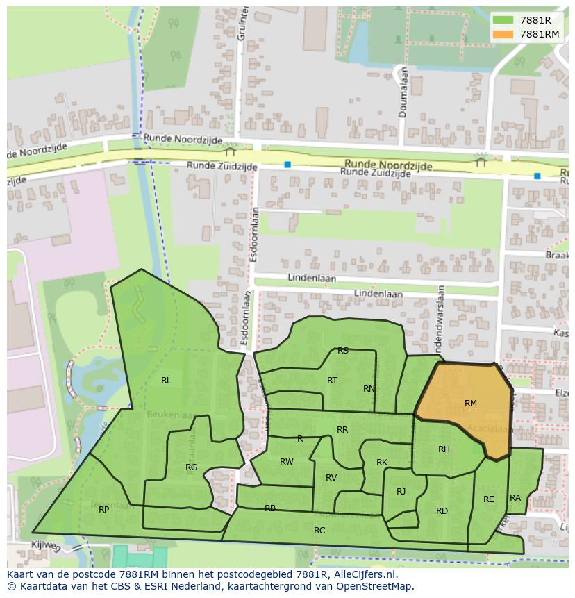 Afbeelding van het postcodegebied 7881 RM op de kaart.