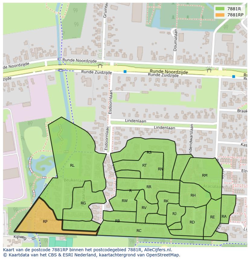 Afbeelding van het postcodegebied 7881 RP op de kaart.