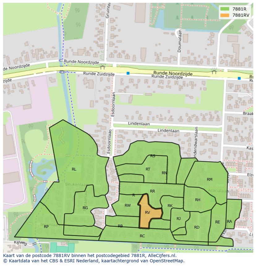 Afbeelding van het postcodegebied 7881 RV op de kaart.