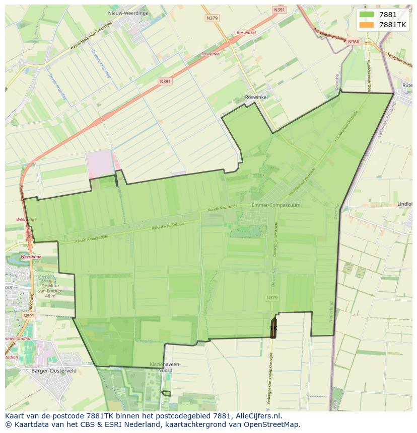 Afbeelding van het postcodegebied 7881 TK op de kaart.