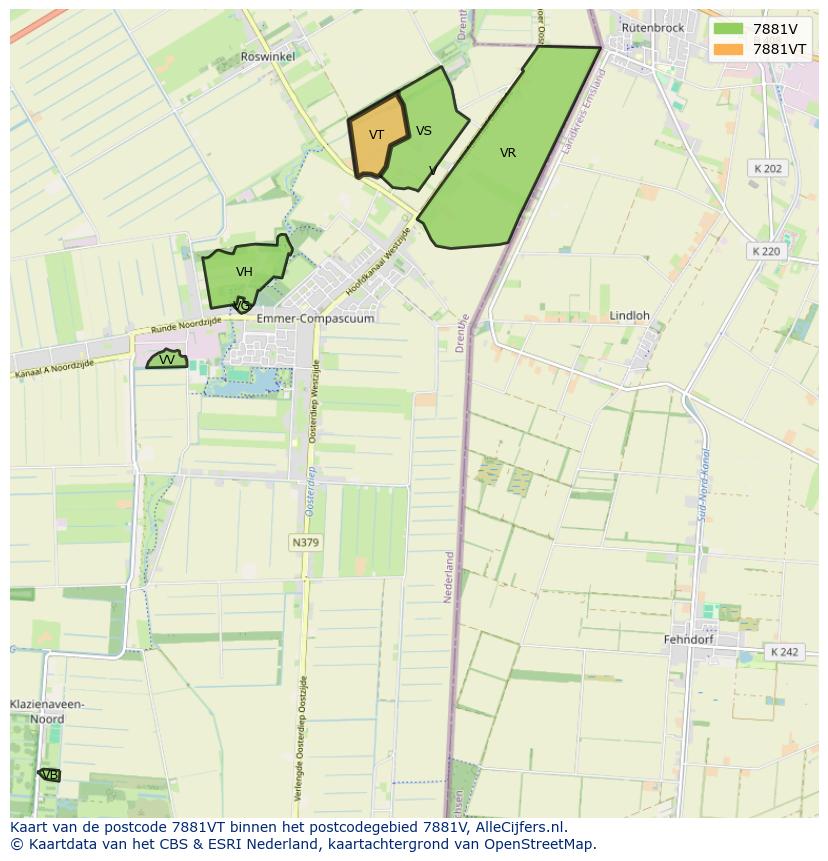 Afbeelding van het postcodegebied 7881 VT op de kaart.