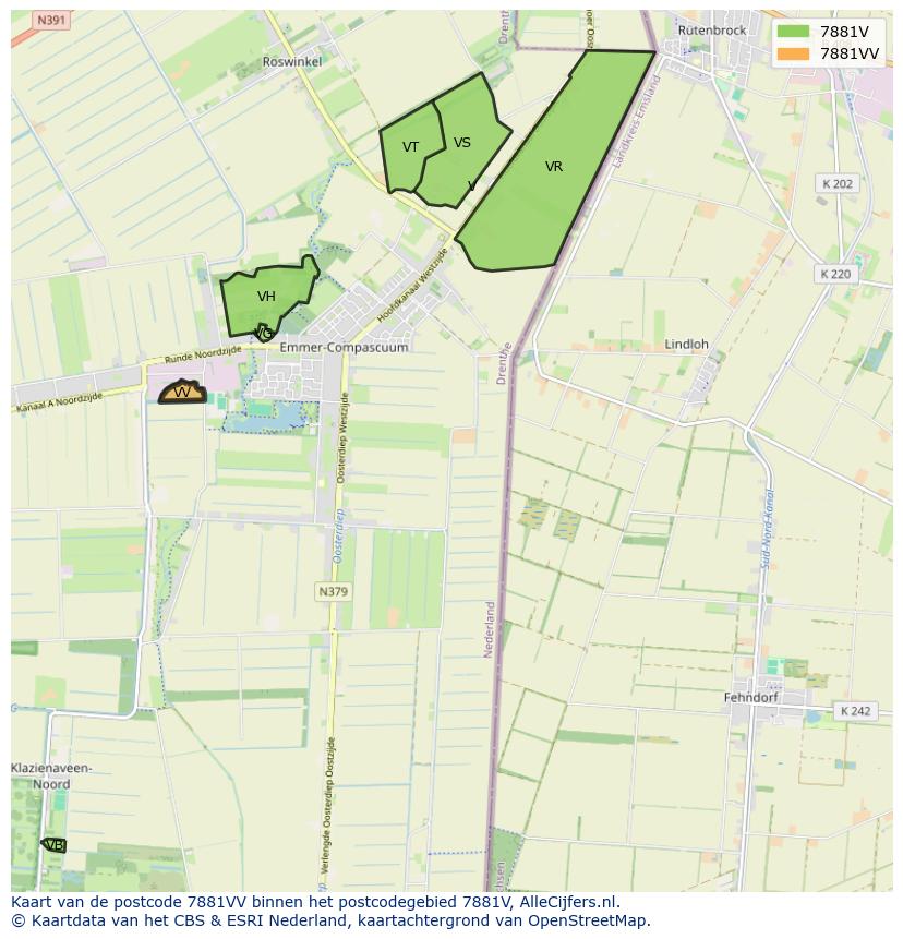 Afbeelding van het postcodegebied 7881 VV op de kaart.