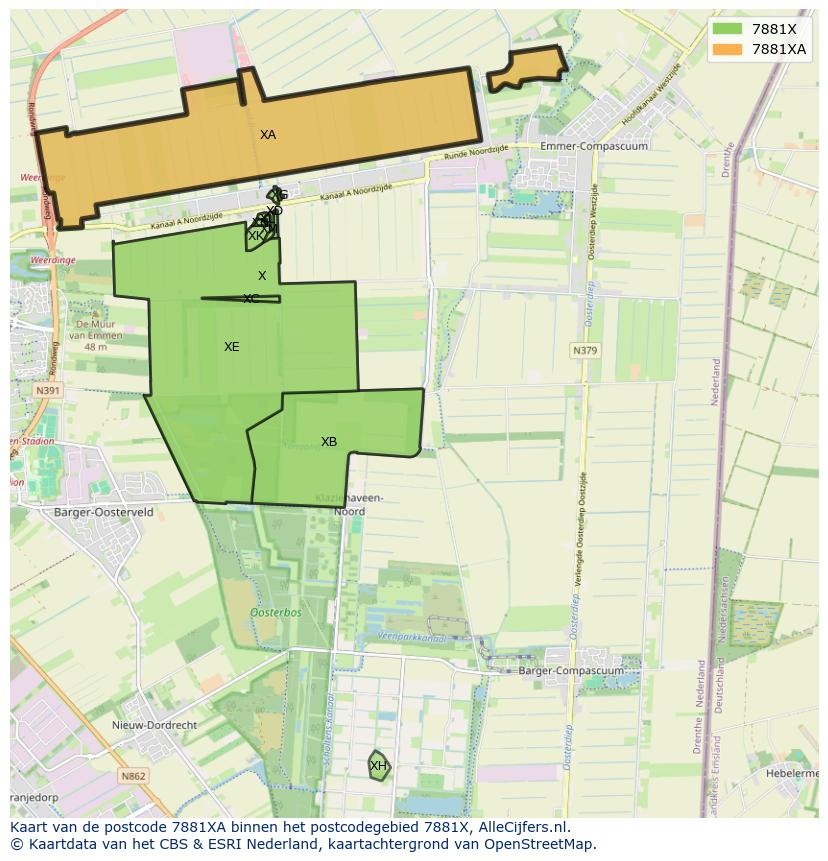 Afbeelding van het postcodegebied 7881 XA op de kaart.