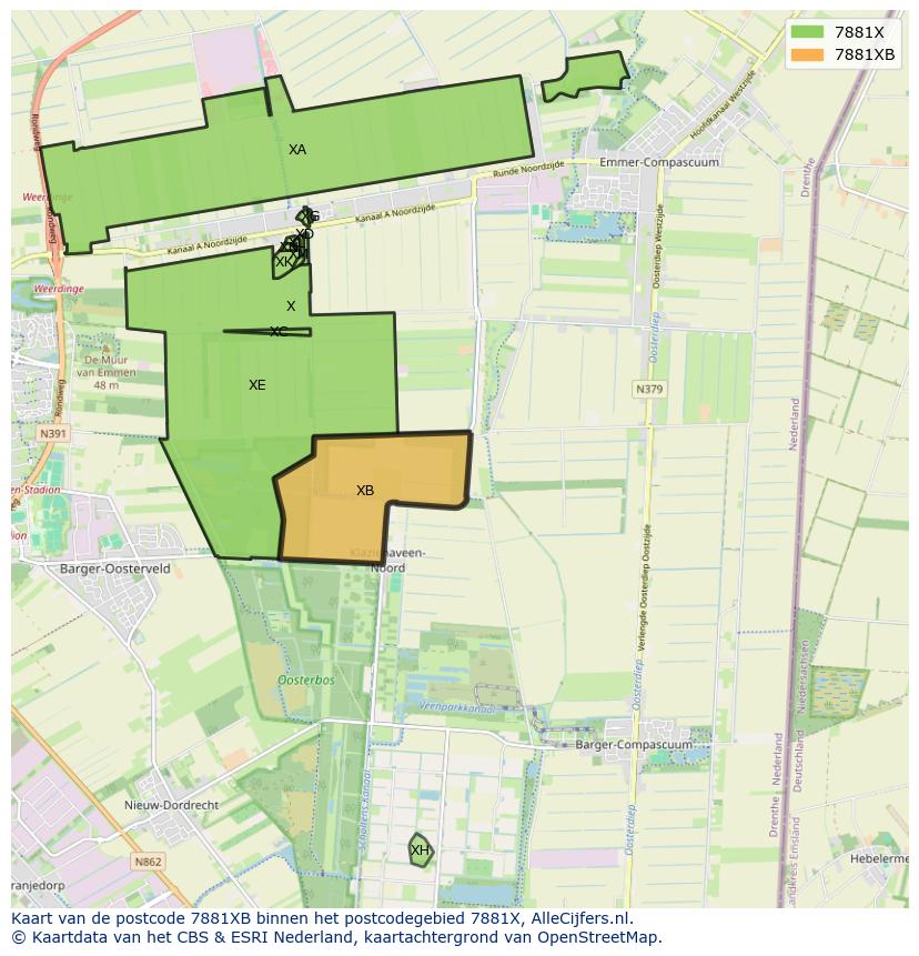 Afbeelding van het postcodegebied 7881 XB op de kaart.