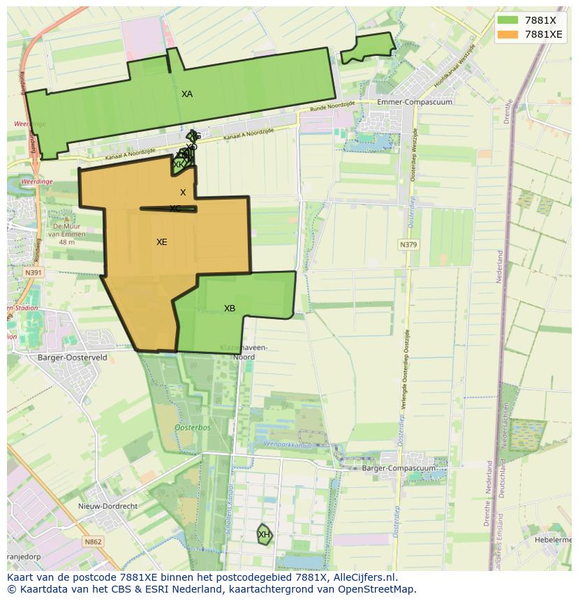 Afbeelding van het postcodegebied 7881 XE op de kaart.