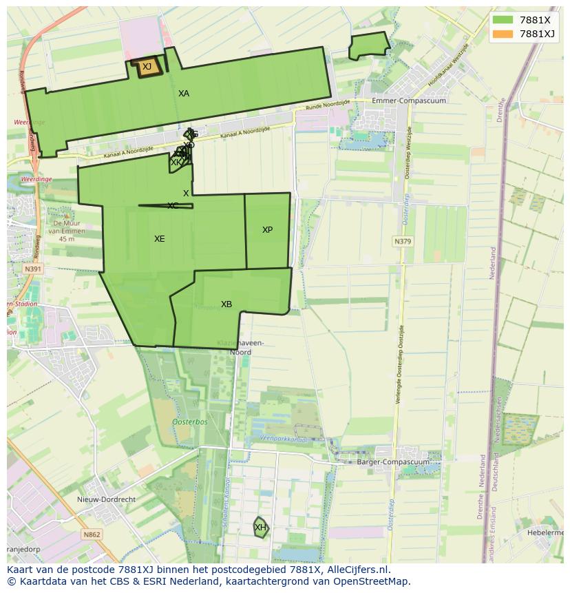 Afbeelding van het postcodegebied 7881 XJ op de kaart.
