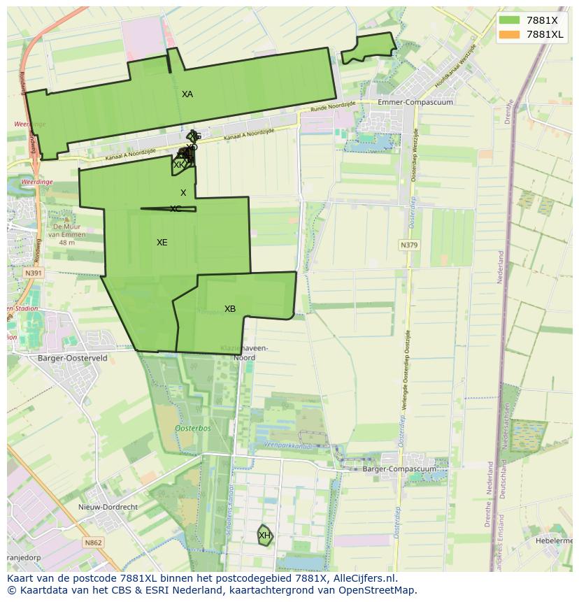 Afbeelding van het postcodegebied 7881 XL op de kaart.