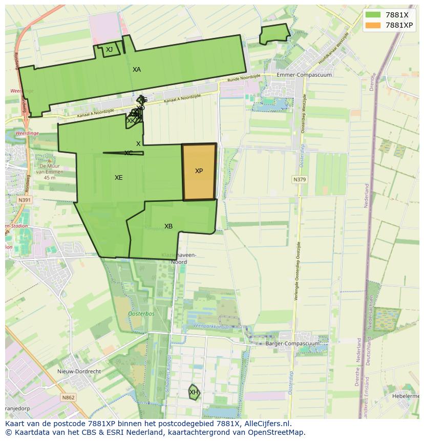 Afbeelding van het postcodegebied 7881 XP op de kaart.
