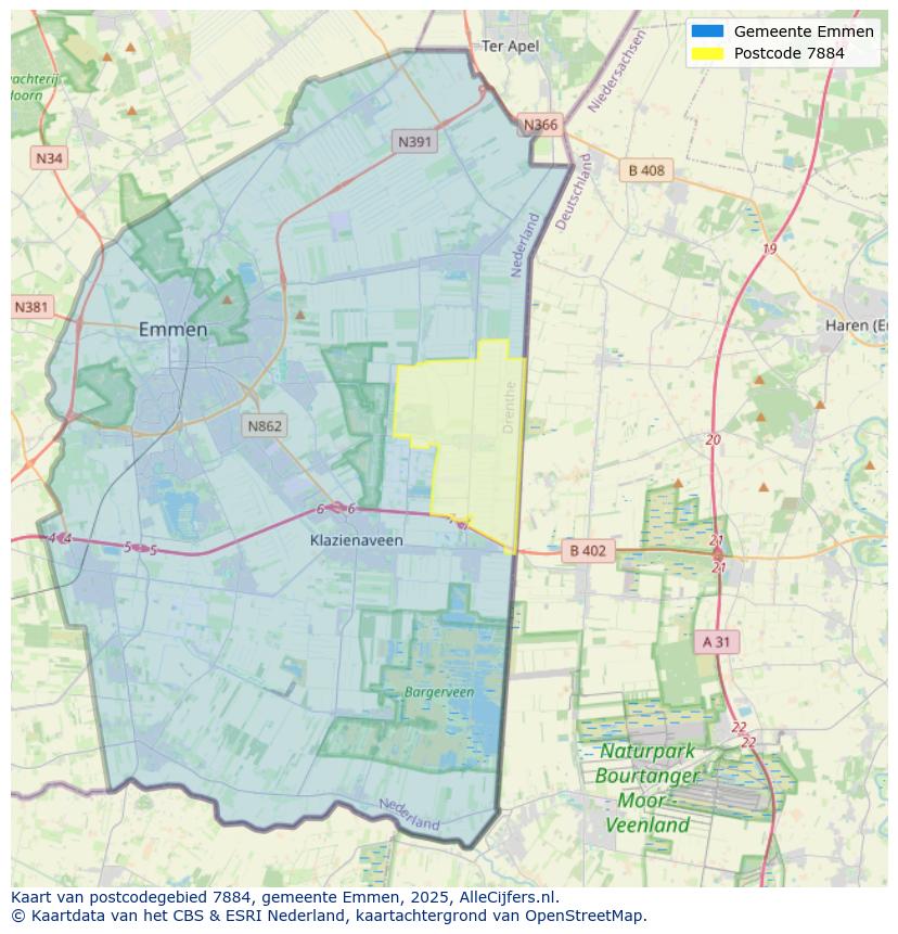 Afbeelding van het postcodegebied 7884 op de kaart.