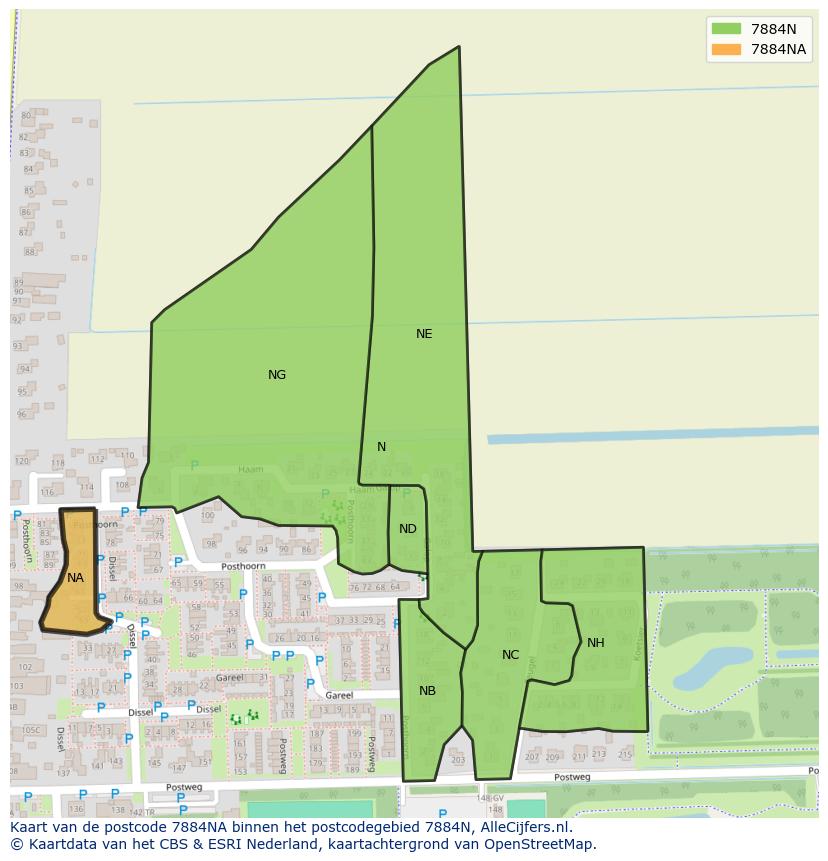 Afbeelding van het postcodegebied 7884 NA op de kaart.