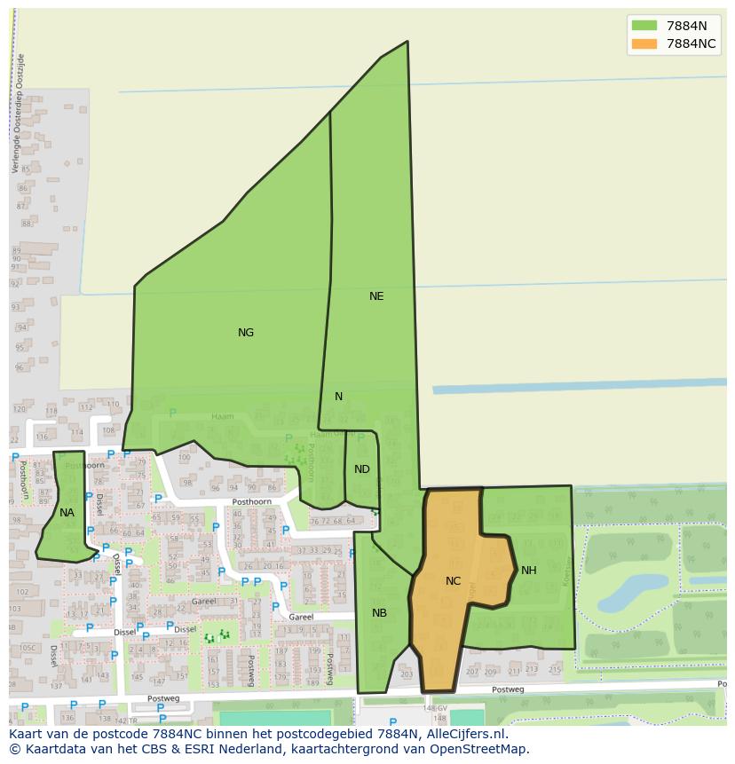 Afbeelding van het postcodegebied 7884 NC op de kaart.
