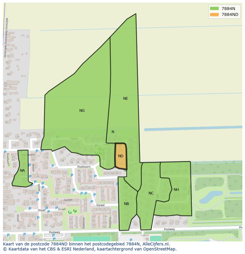Afbeelding van het postcodegebied 7884 ND op de kaart.