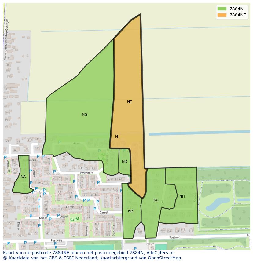 Afbeelding van het postcodegebied 7884 NE op de kaart.