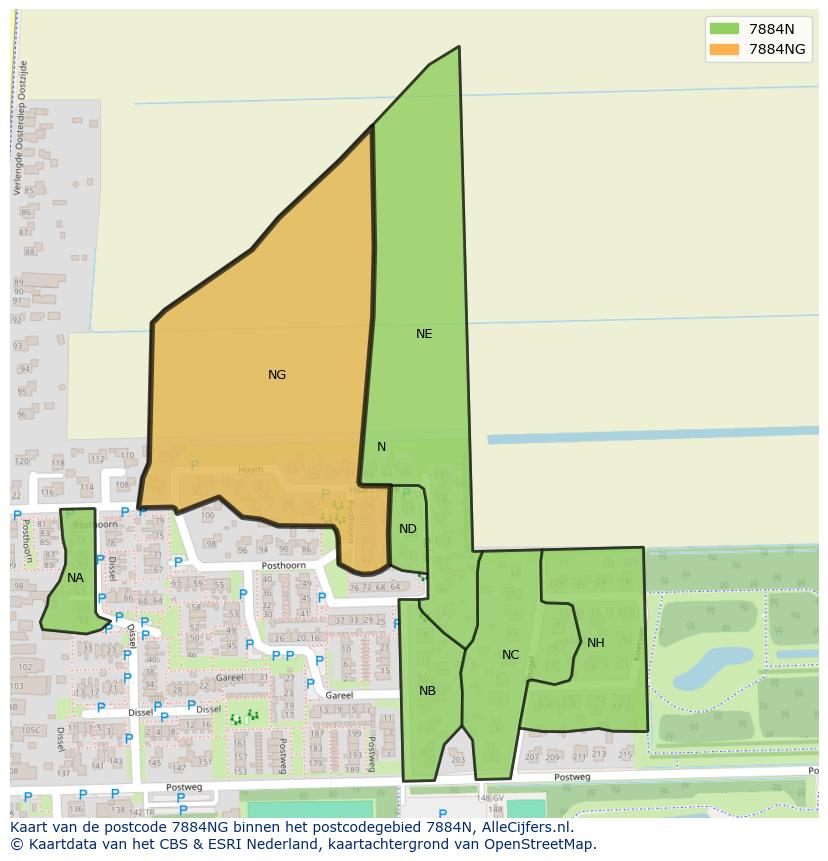Afbeelding van het postcodegebied 7884 NG op de kaart.