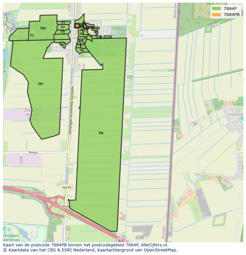 Afbeelding van het postcodegebied 7884 PB op de kaart.
