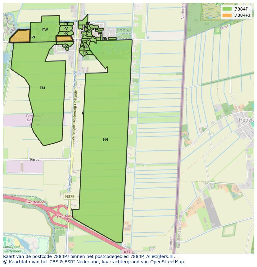 Afbeelding van het postcodegebied 7884 PJ op de kaart.