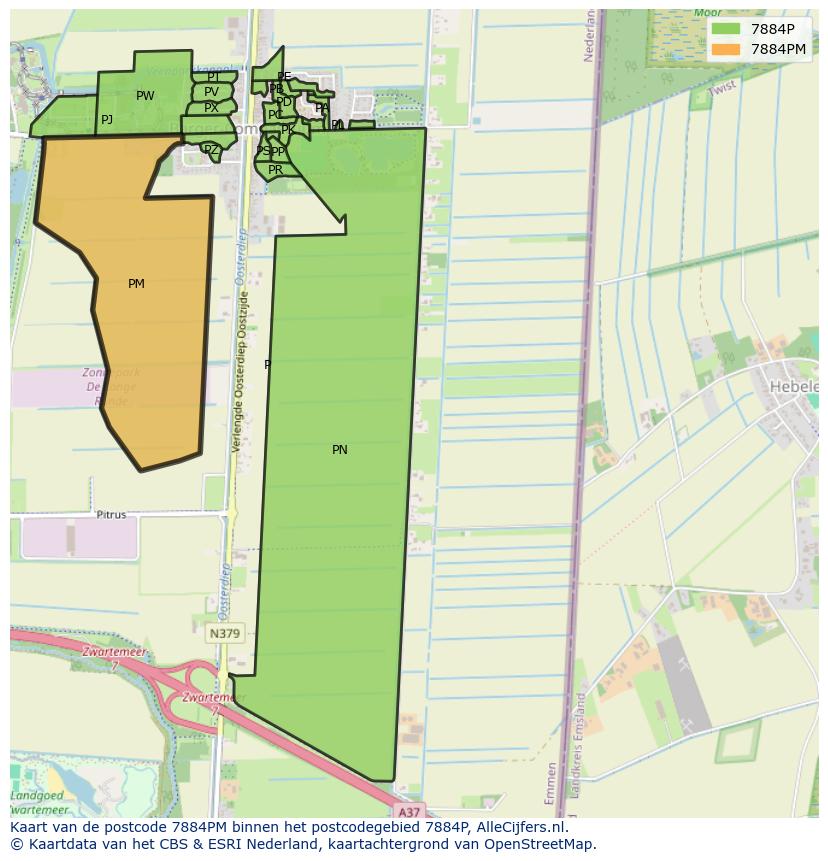 Afbeelding van het postcodegebied 7884 PM op de kaart.