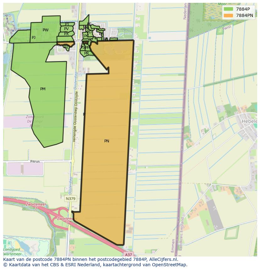 Afbeelding van het postcodegebied 7884 PN op de kaart.