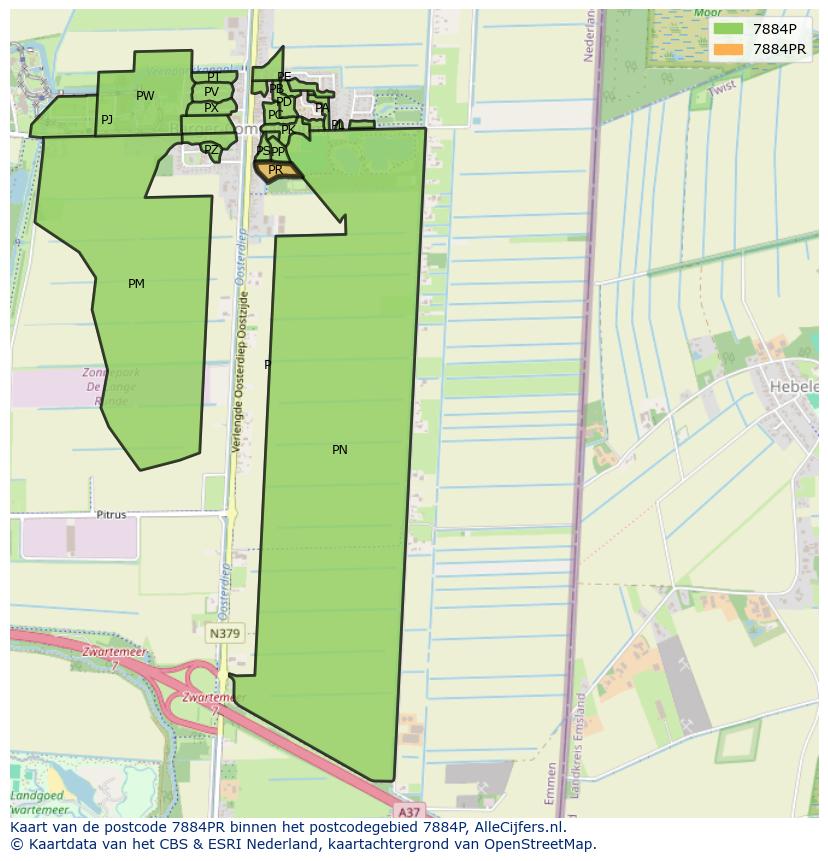 Afbeelding van het postcodegebied 7884 PR op de kaart.