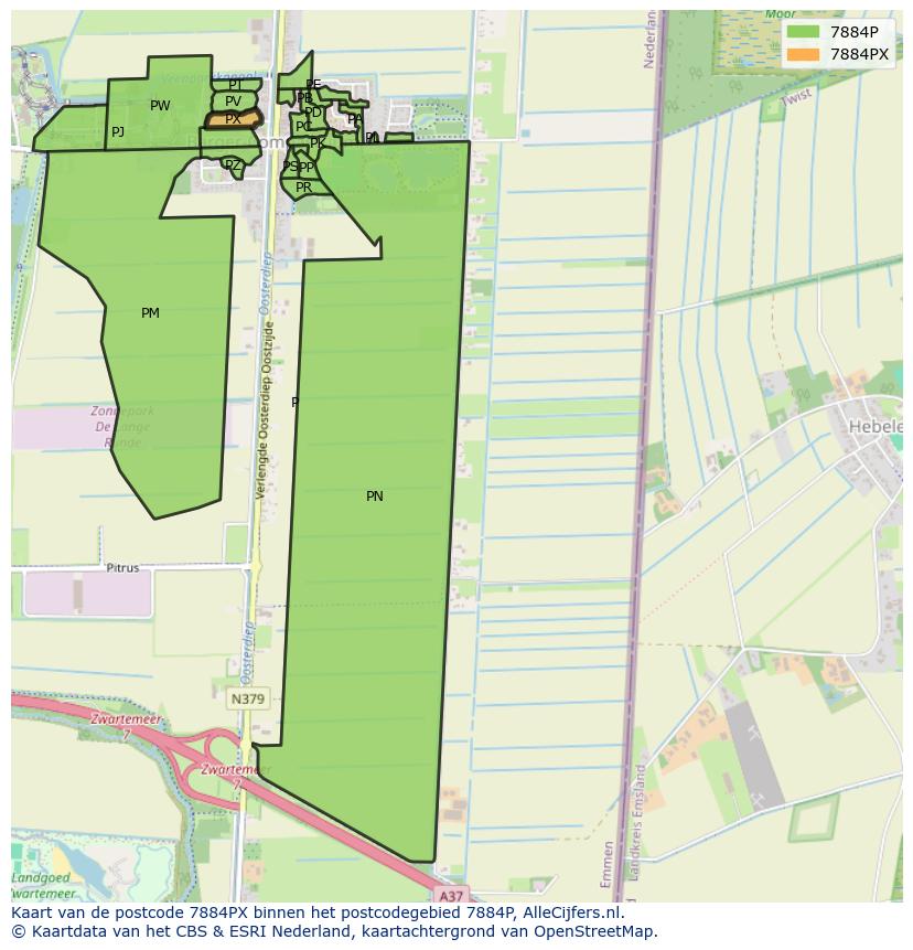 Afbeelding van het postcodegebied 7884 PX op de kaart.