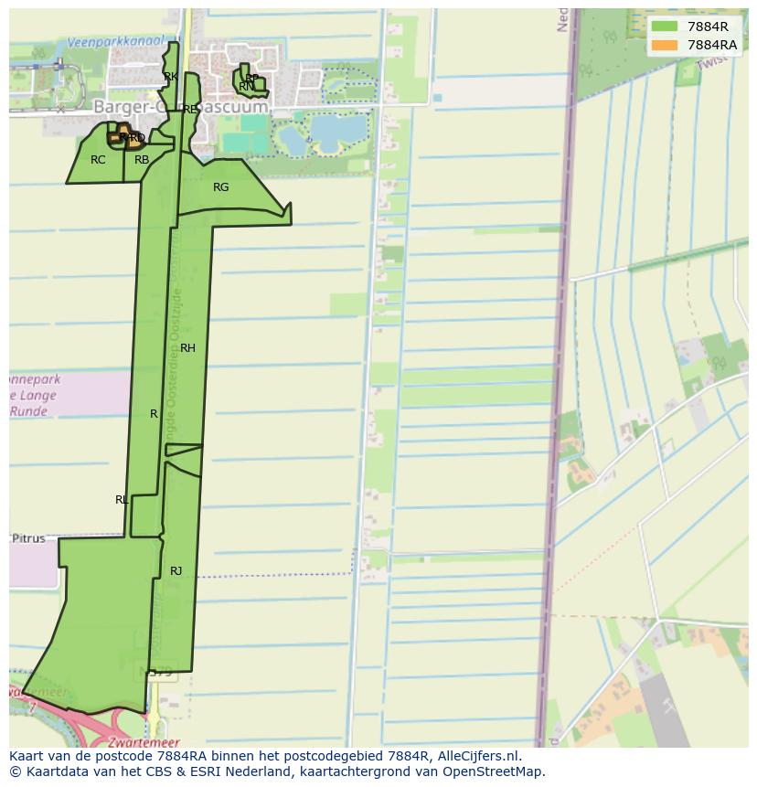 Afbeelding van het postcodegebied 7884 RA op de kaart.