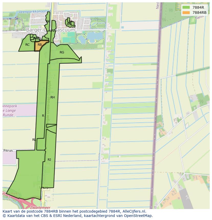 Afbeelding van het postcodegebied 7884 RB op de kaart.