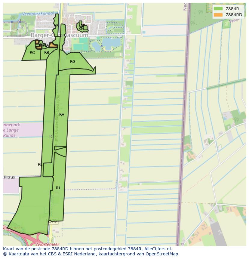 Afbeelding van het postcodegebied 7884 RD op de kaart.