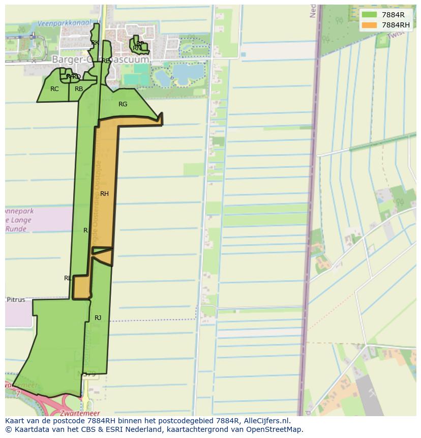 Afbeelding van het postcodegebied 7884 RH op de kaart.