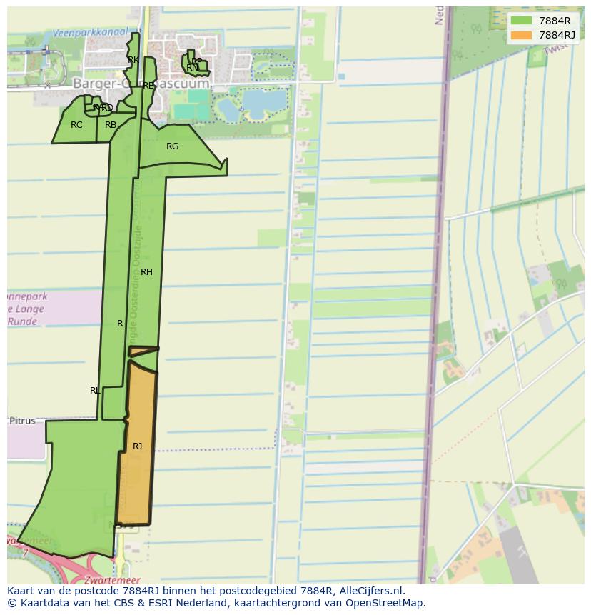 Afbeelding van het postcodegebied 7884 RJ op de kaart.