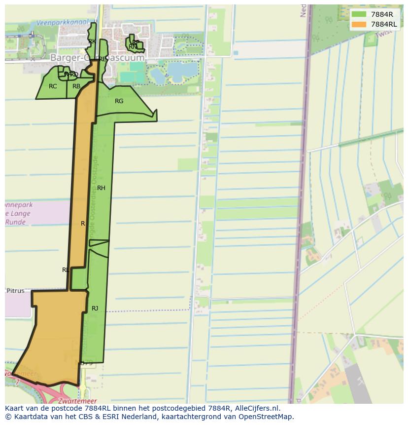 Afbeelding van het postcodegebied 7884 RL op de kaart.