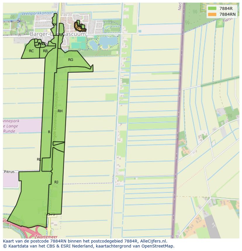 Afbeelding van het postcodegebied 7884 RN op de kaart.