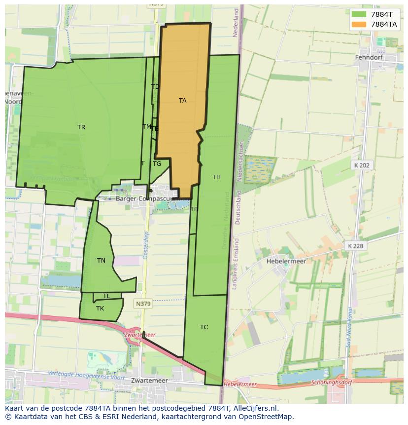Afbeelding van het postcodegebied 7884 TA op de kaart.