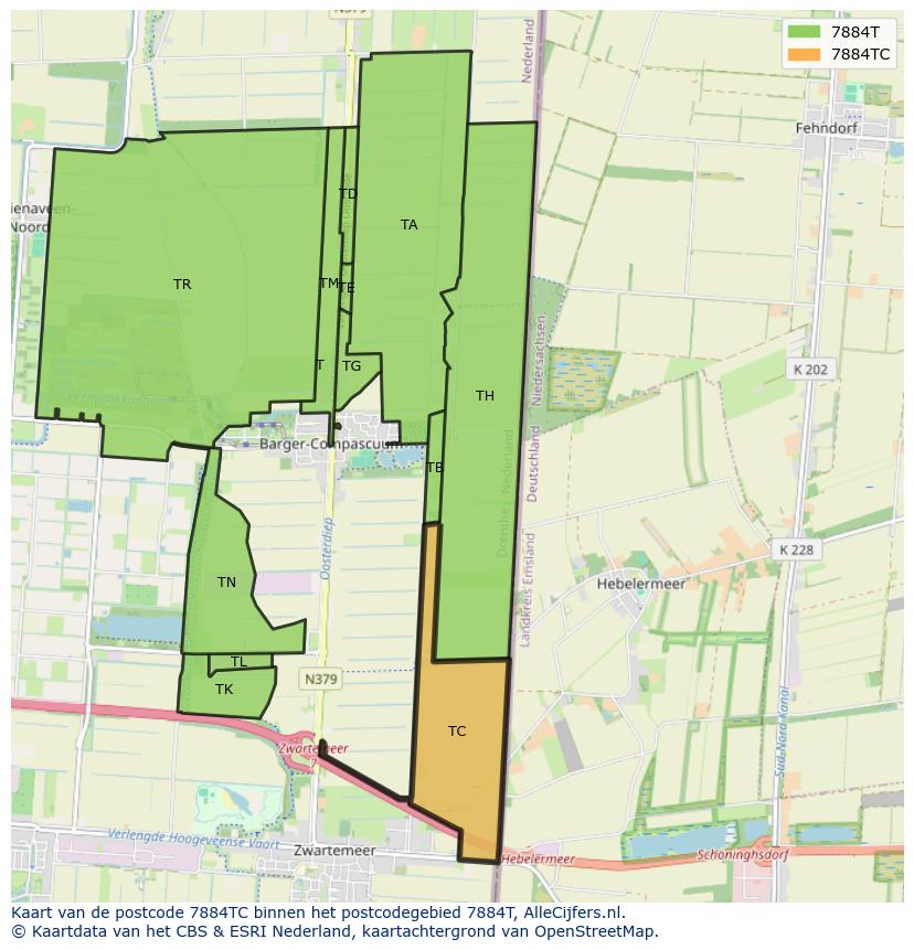 Afbeelding van het postcodegebied 7884 TC op de kaart.