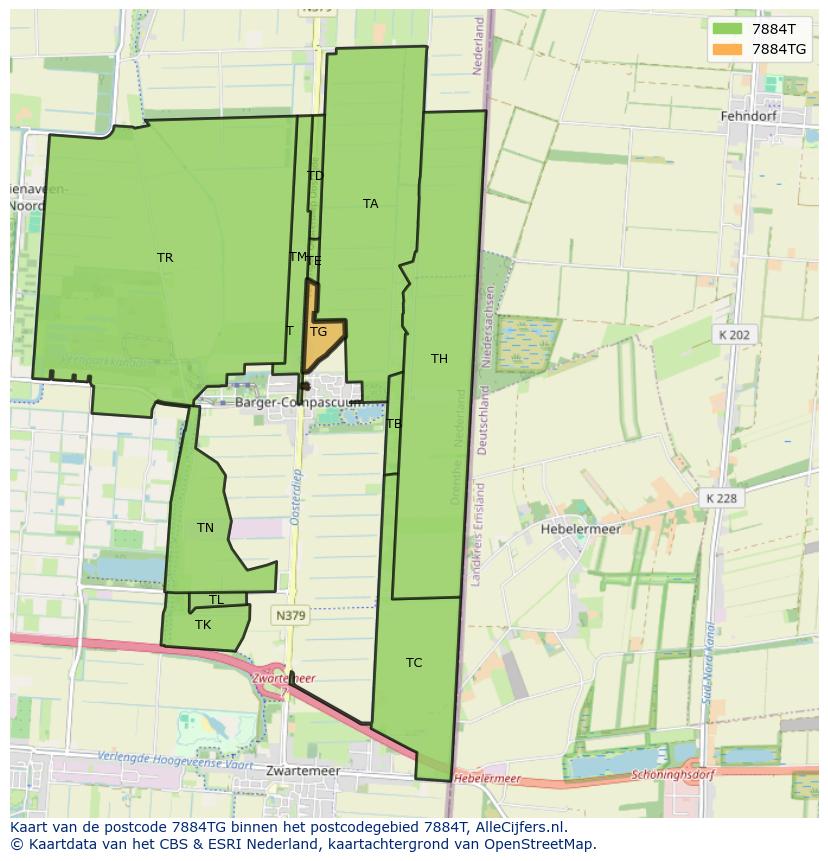 Afbeelding van het postcodegebied 7884 TG op de kaart.