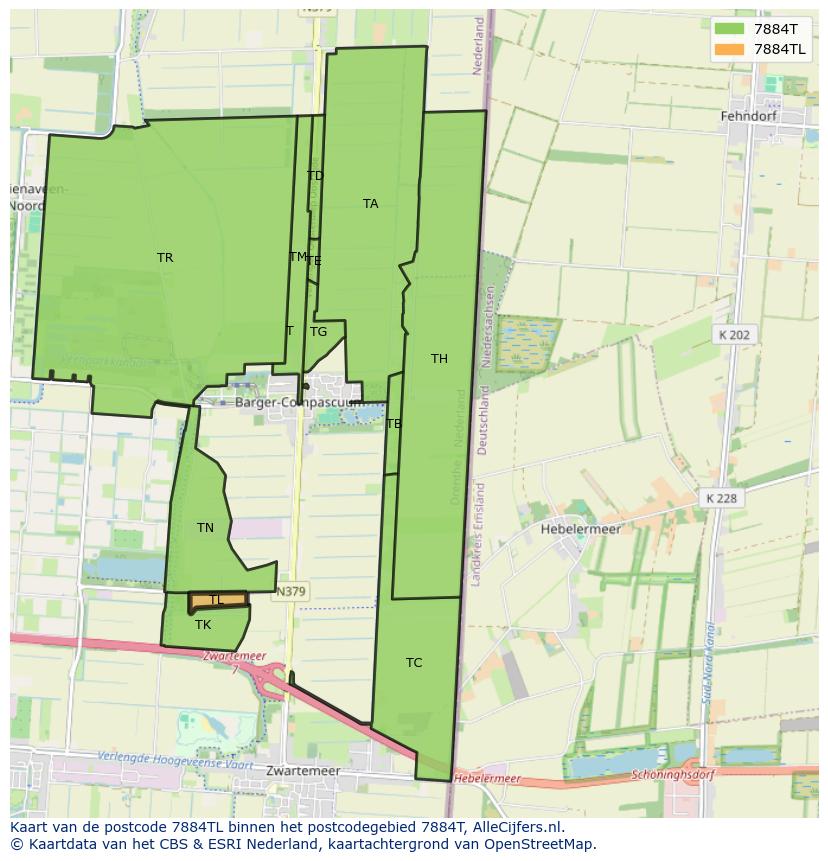 Afbeelding van het postcodegebied 7884 TL op de kaart.