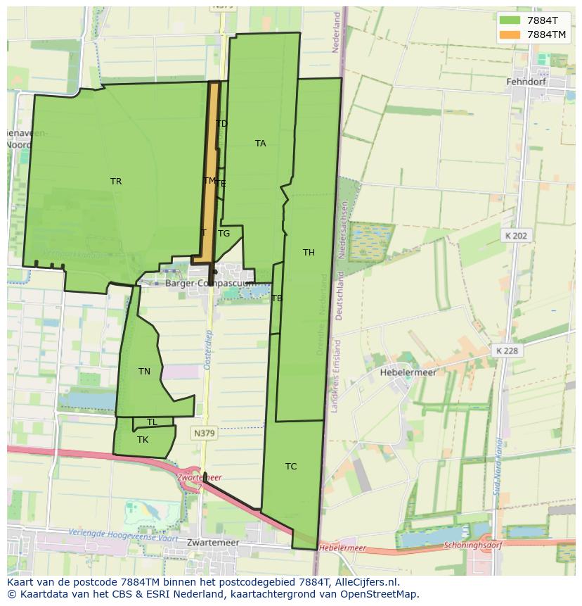 Afbeelding van het postcodegebied 7884 TM op de kaart.