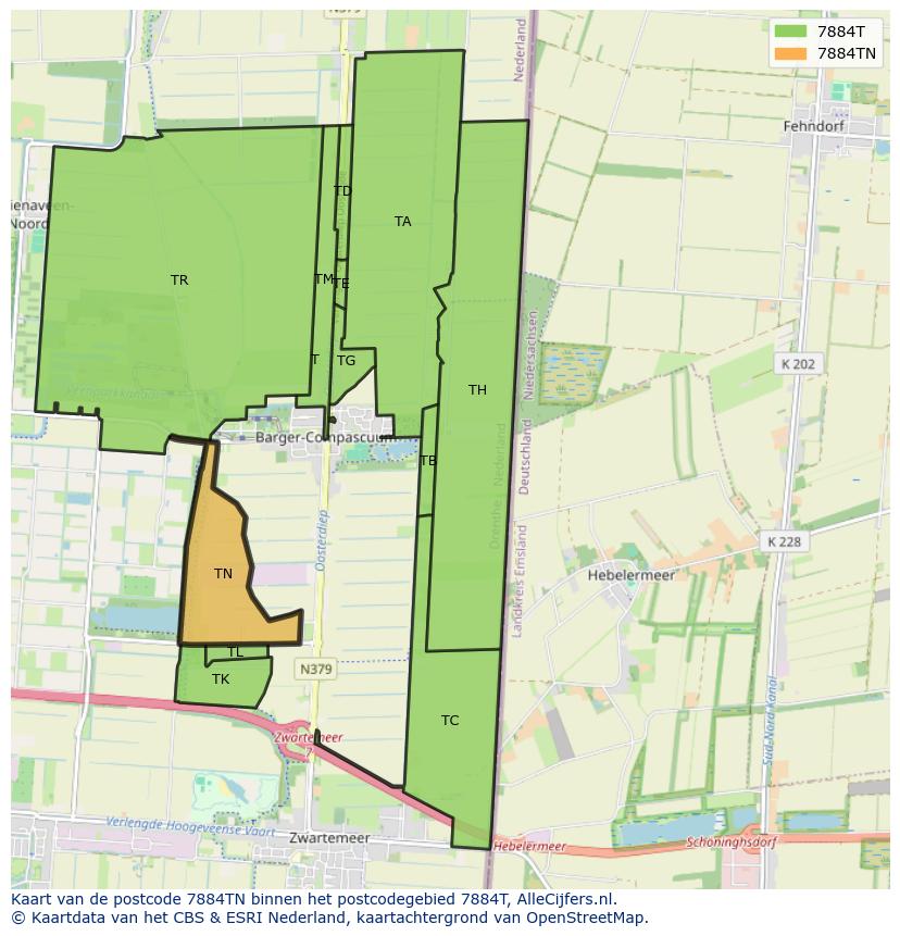 Afbeelding van het postcodegebied 7884 TN op de kaart.